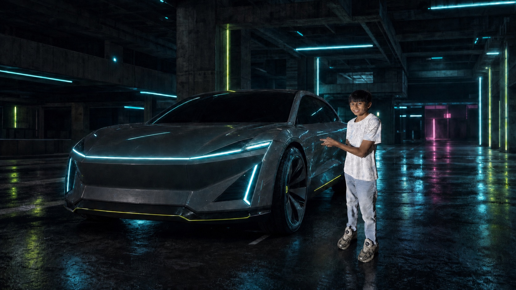 Vedansh beside a futuristic concept car