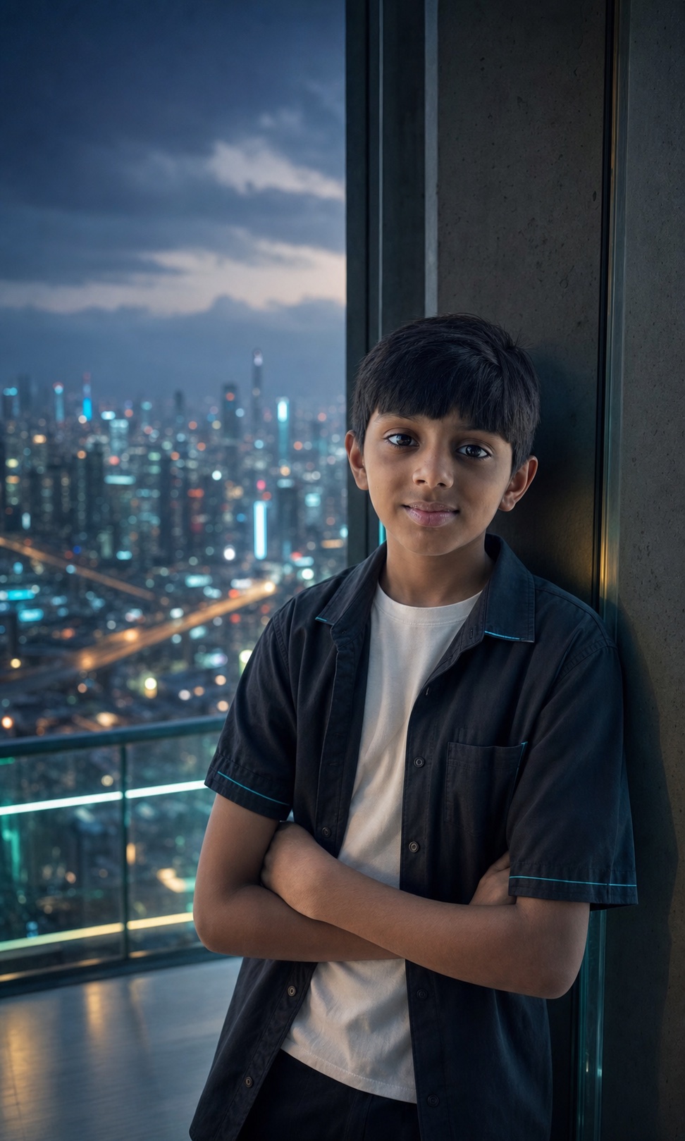 Vedansh overlooking an imagined futuristic city