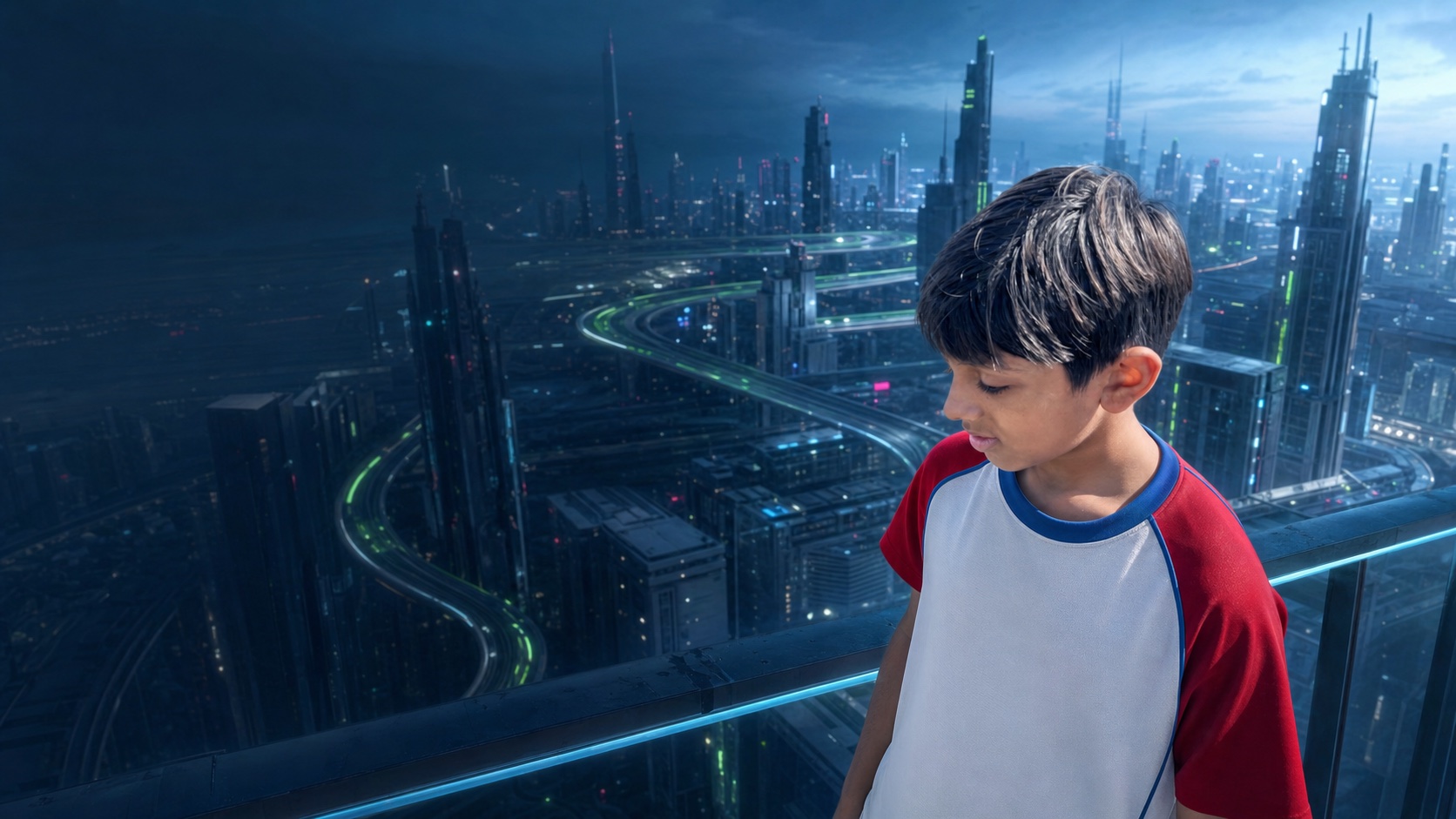 Vedansh looking across an imagined futuristic city